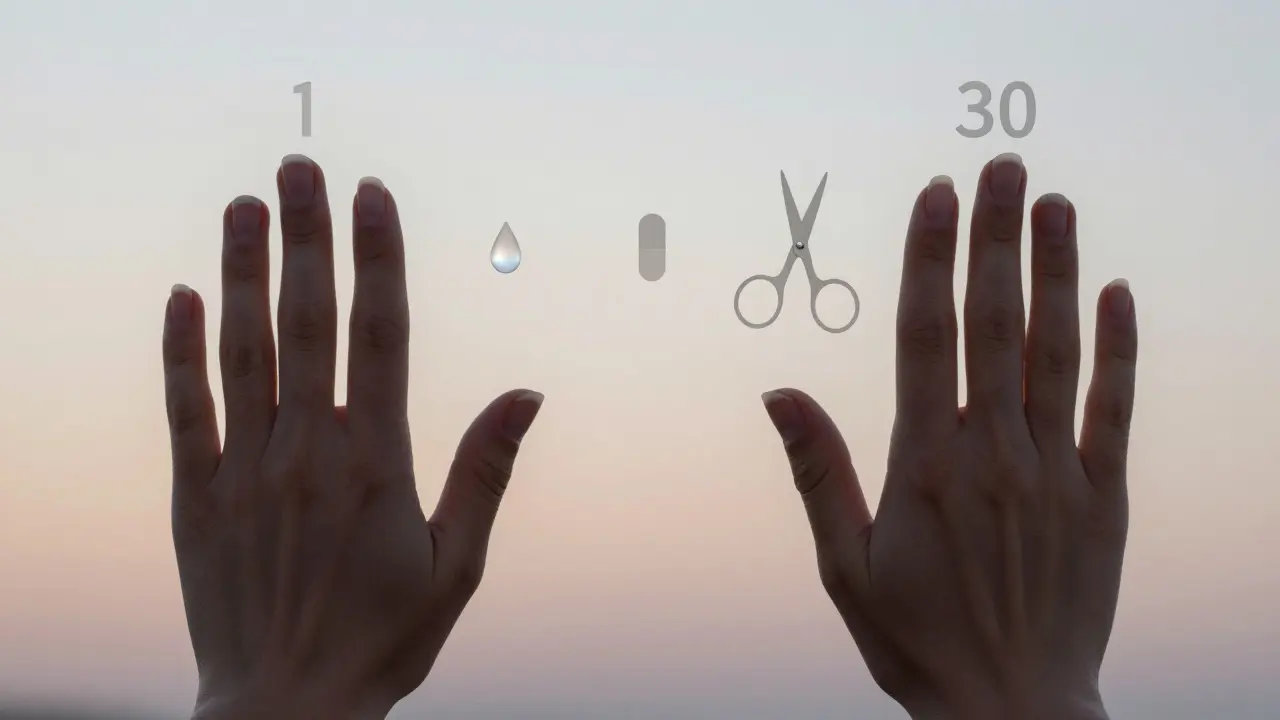 Převod od křehkých nehtů na den 1 k silným nehtům na den 30 s významnými symboly růstu.