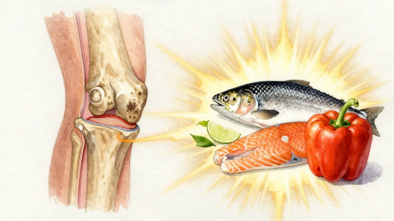 Průřez kloubu ukazující tenčící se chrupavku a přírodní zdroje kolagenu: vývar, losos s kůží a paprika.