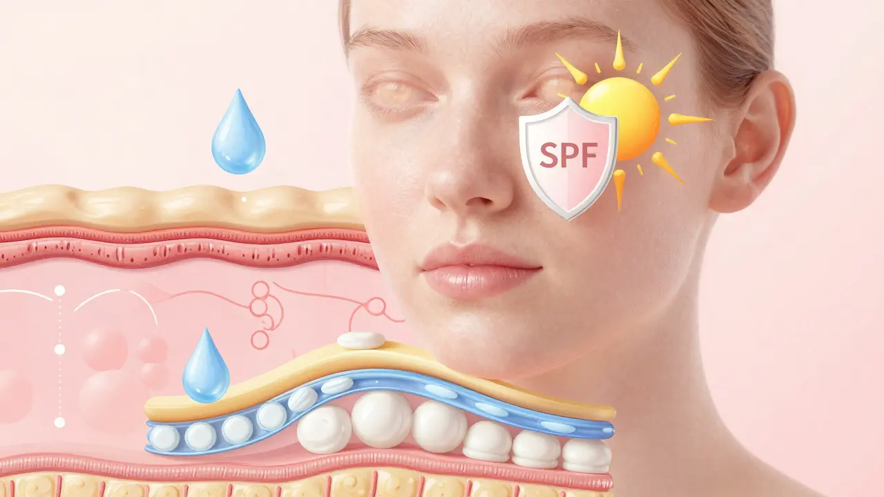 Průřez tváře ukazující kůžní vrstvy s hydratačními a ochrannými prvky jako vodní kapky a ceramidy.