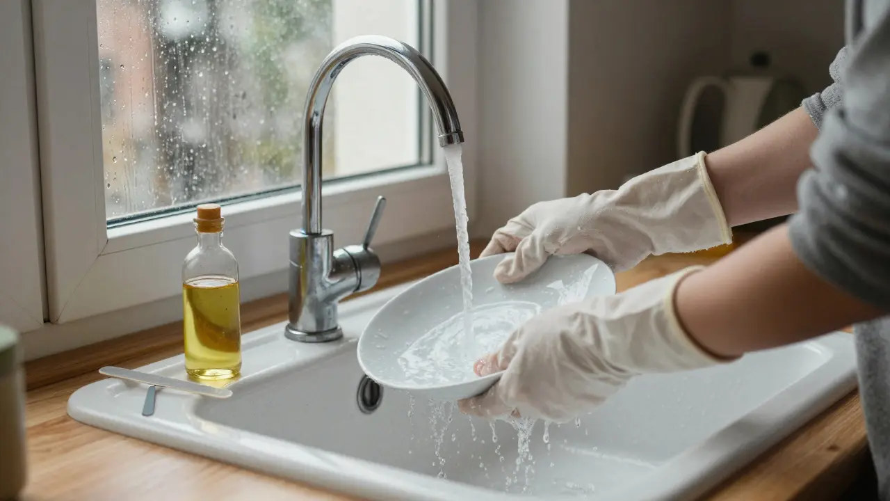 Ruce v rukavicích myjí nádobí, vedle stojí olej a bruska pro nehty.