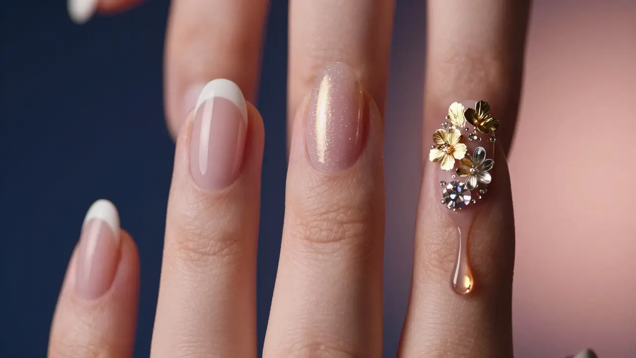 Tři typy nehtů vedle sebe: akryl, gel a prémiový design s 3D květinami a zlatými vložkami na tmavém pozadí.