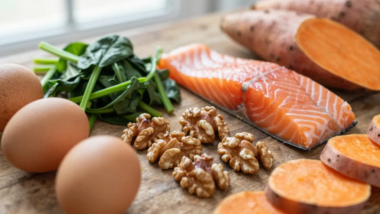 Vitamíny v přírodních potravinách na dřevě