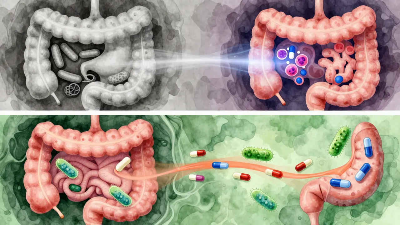Vnitřní pohled na střeva s porovnáním účinku antibiotika při správném a špatném užívání probiotik.