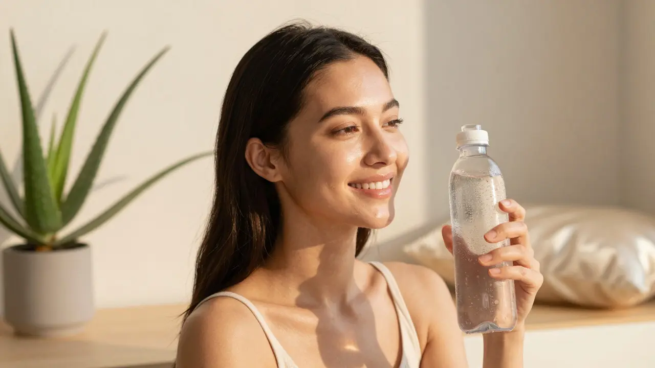 Woman with radiant skin after marine collagen treatments, smiling in golden sunlight.