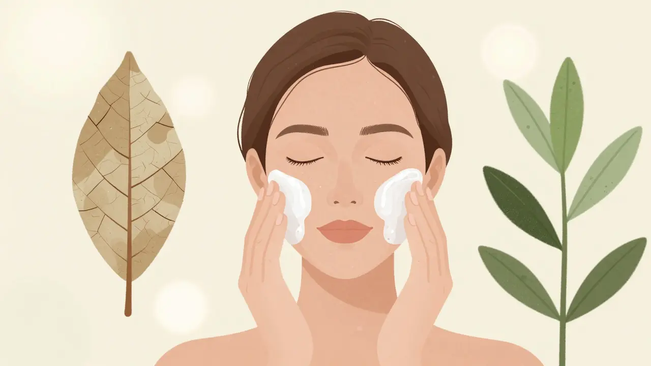 Žena jemně čistí obličej olejovým čističem, kůže má zdravý zářivý vzhled.