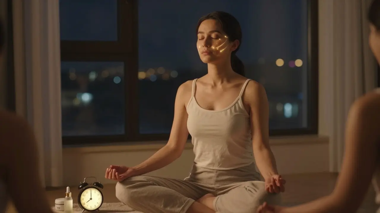 Žena medituje večer v klidném prostředí s látkami pro noční péči o pleť vedle sebe.