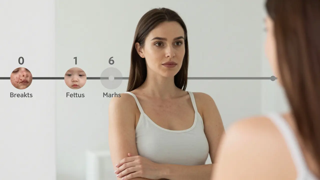 Žena se dívá do zrcadla, za ní časová osa změn po vysazení antikoncepce – od vyrážek k čisté kůži a stabilní náladě