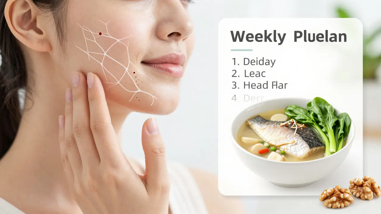 Žena se dotýká tváře, zatímco vedle ní jsou vidět potraviny, které podporují tvorbu kolagenu: ryby, čočka a oříšky.