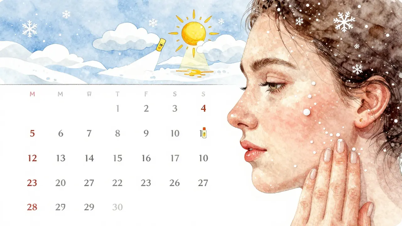 Zimní obličej s denní aplikací SPF a odrazem UV paprsků od sněhu.