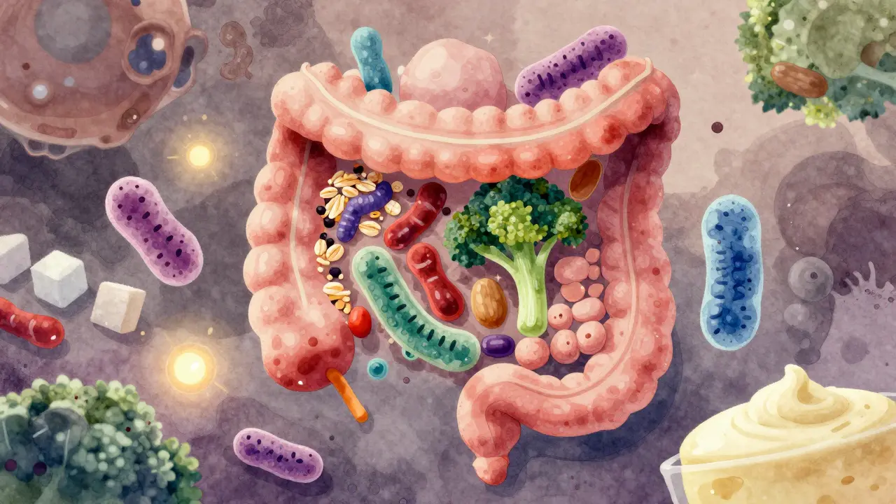 Živá mikroflóra střev s přirozenými potravinami, zatímco zpracované potraviny zanikají.
