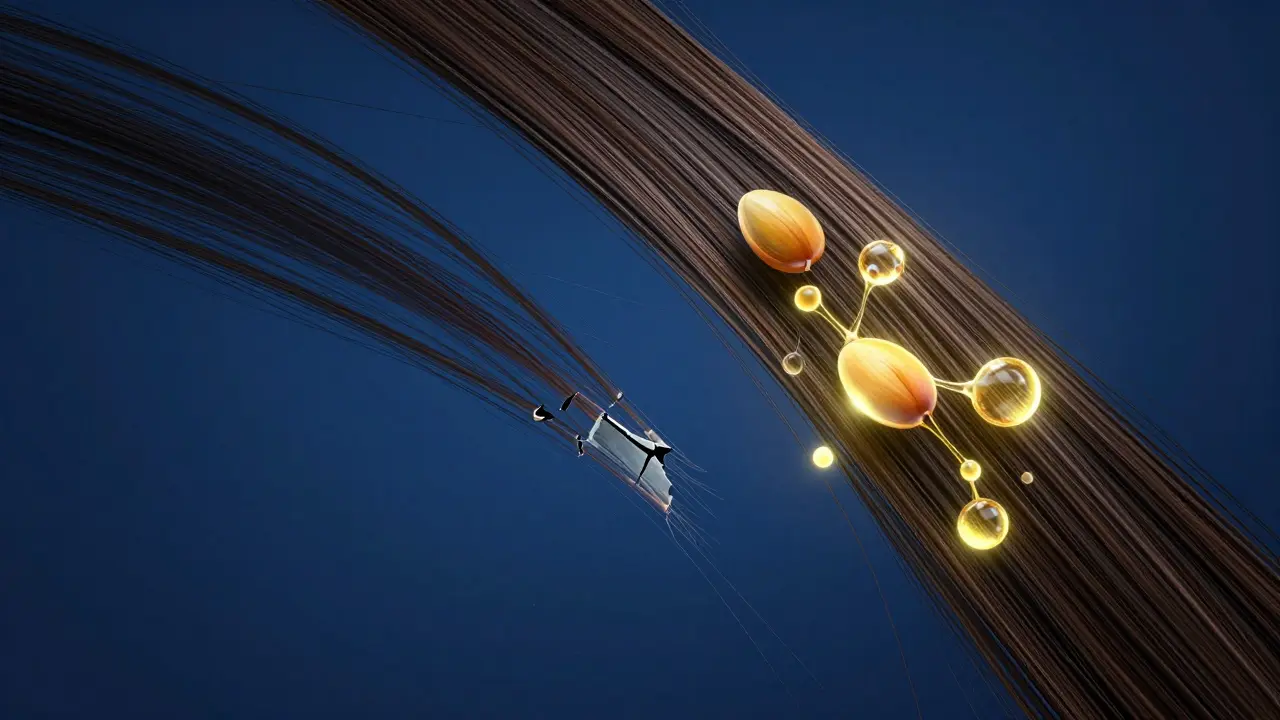 Zvětšený pohled na poškozený a zdravý vlas s hydratačními látkami