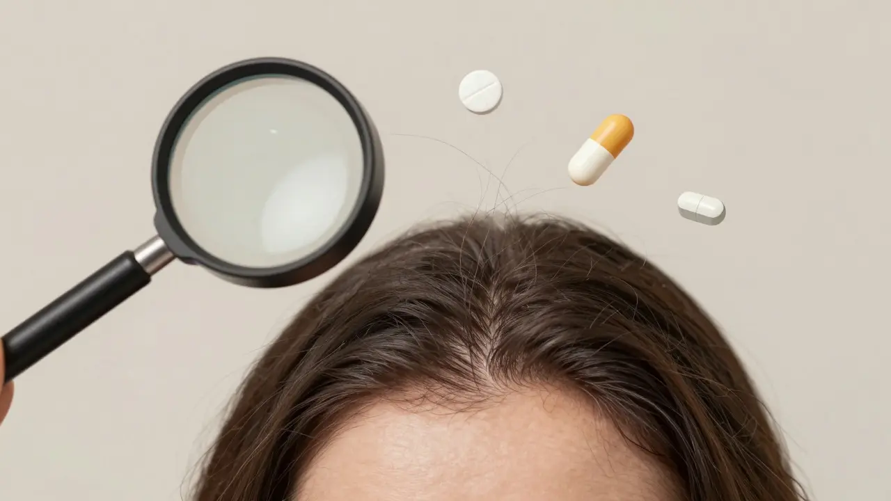 Zvětšený pohled na řídké vlasové folikuly s symboly železa, vitamínu D a zinku, klinický styl.