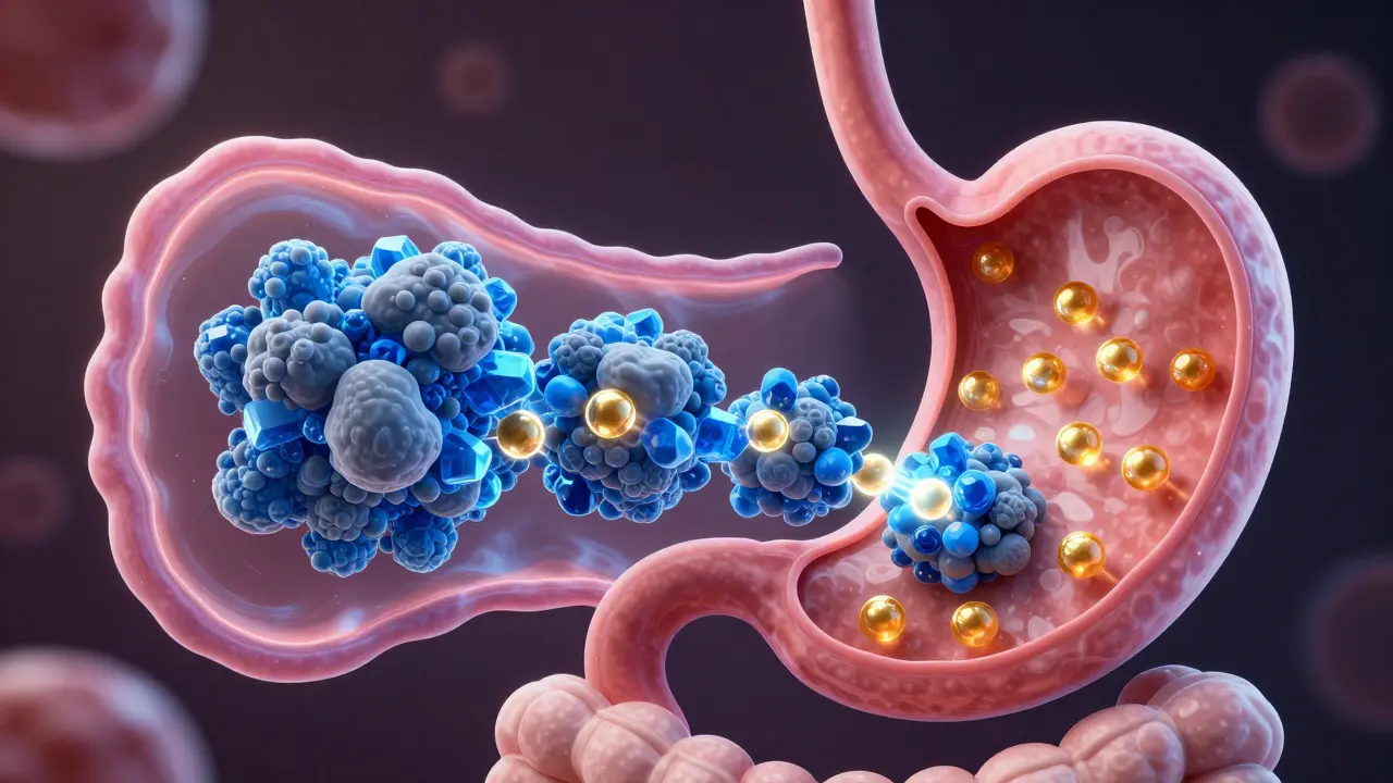 3D ilustrace vápníku v žaludku blokujícího vstřebání antibiotik.