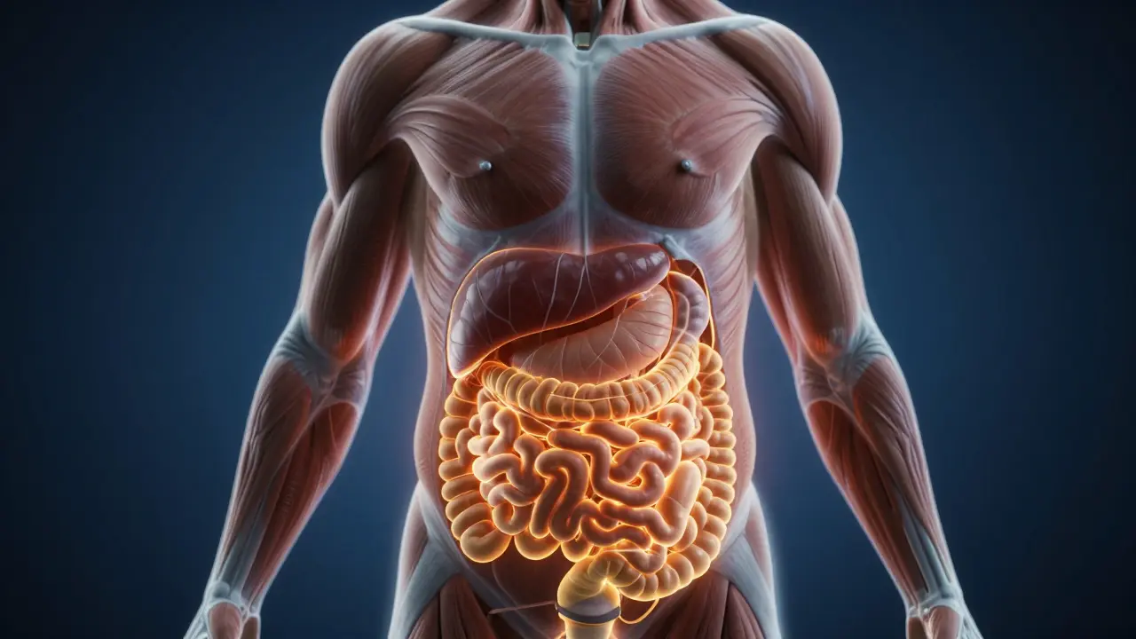 3D ilustrace viscerálního tuku v oblasti břicha obklopující vnitřní orgány.