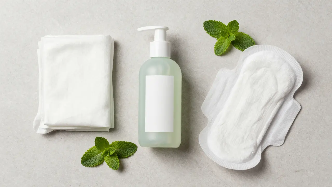 Bavlněné spodní prádlo a jemný intimní gel na neutrálním pozadí.