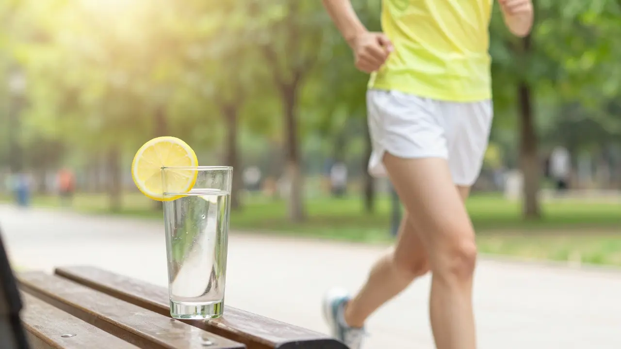 Běhající člověk v parku s glasses vody, symbolizující detoxikaci a zdravý životní styl.