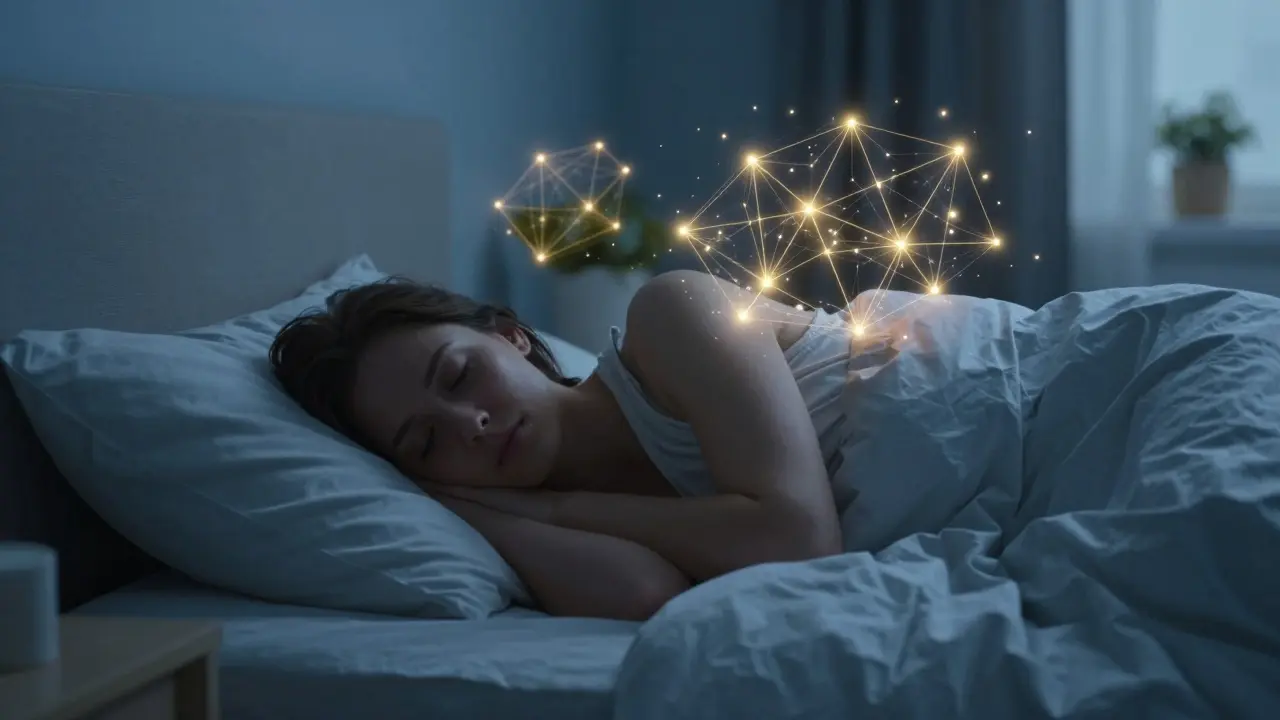 Člověk v hlubokém spánku s vizualizací regenerace kolagenu v těle.