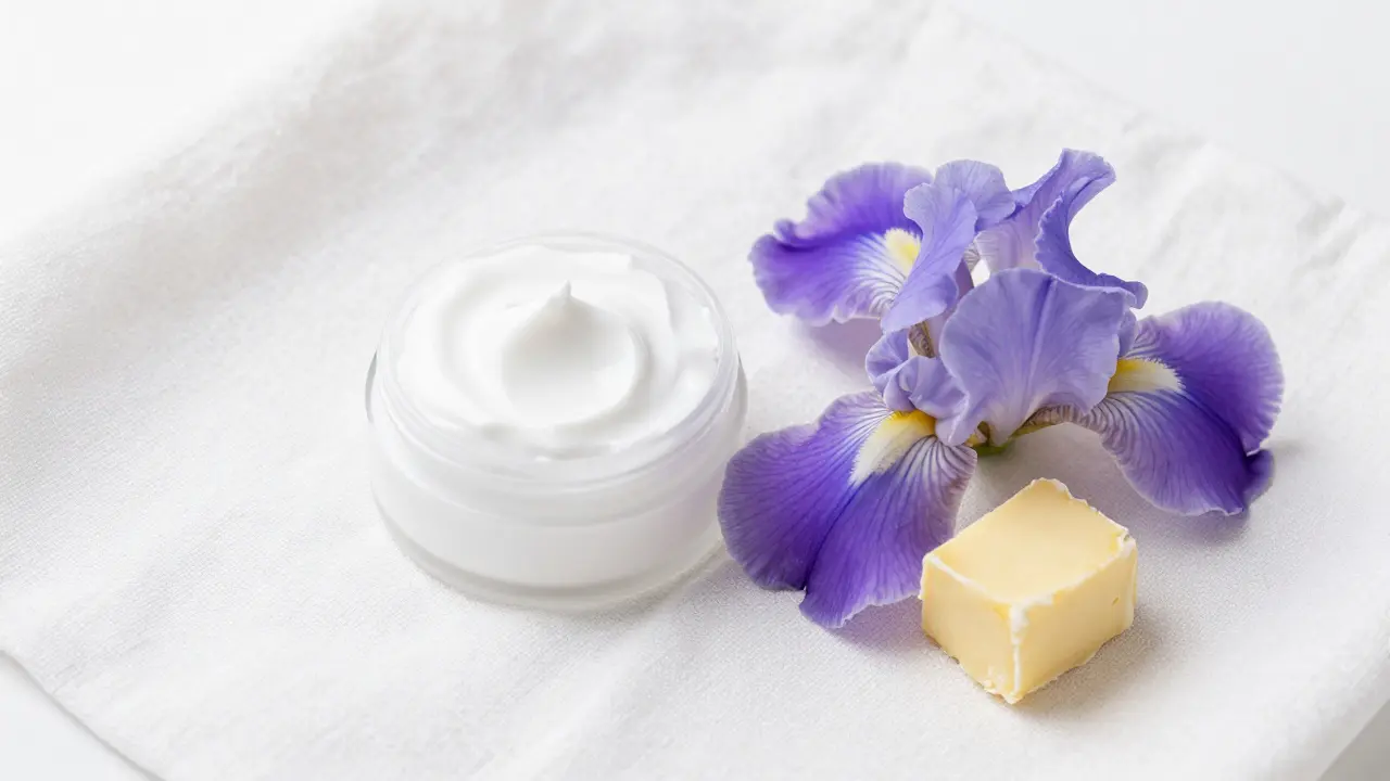 Detail bohatého regeneračního krému s květy irise na bílém lně SUVs shea máslem.