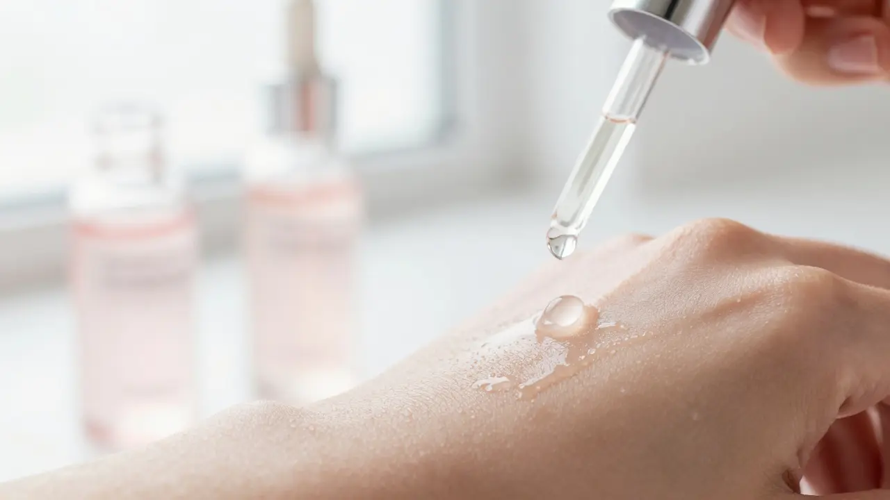 Detailní záběr na aplikaci hydratačního séra na vlhkou a zářící pleť.