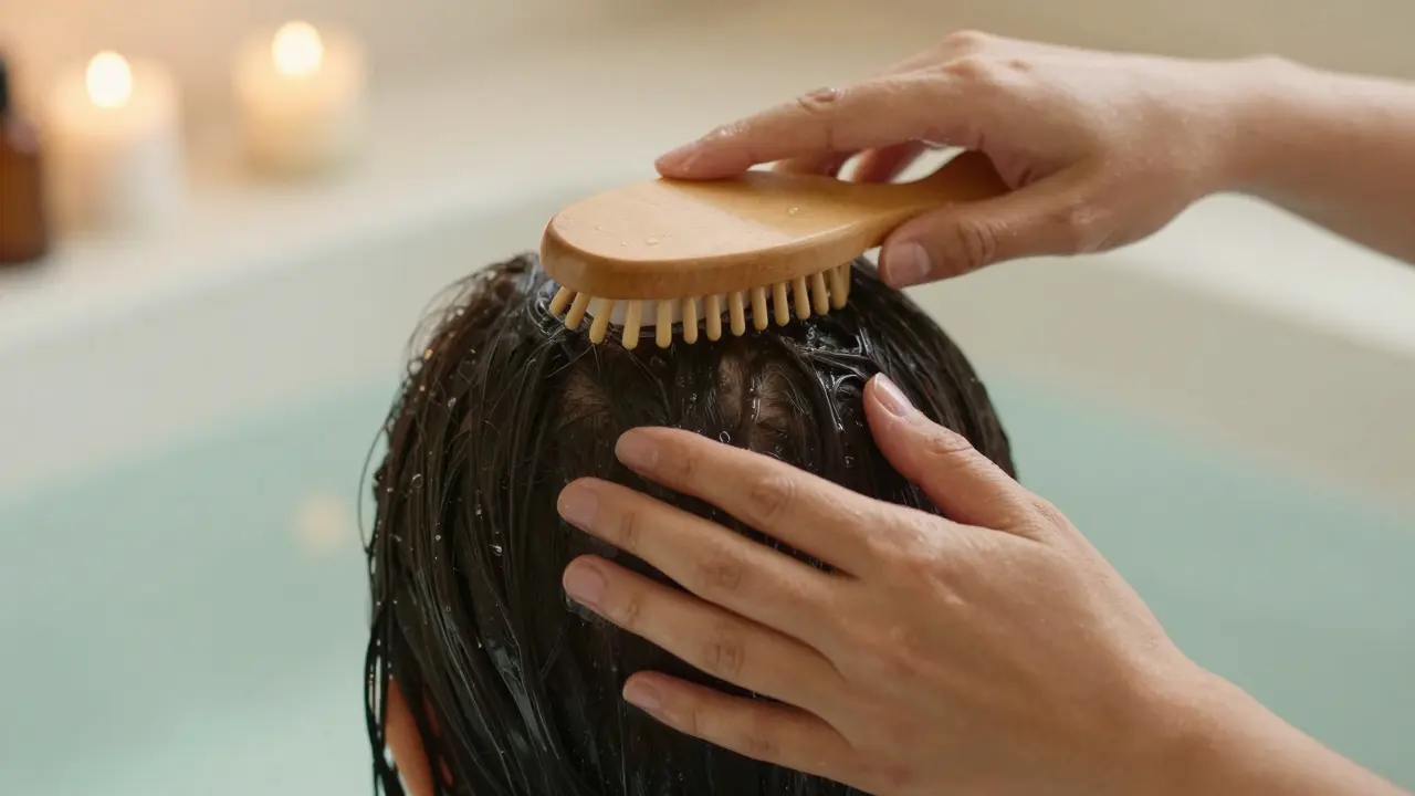 Detailní záběr na masáž pokožky hlavy dřevěným kartáčkem během péče.