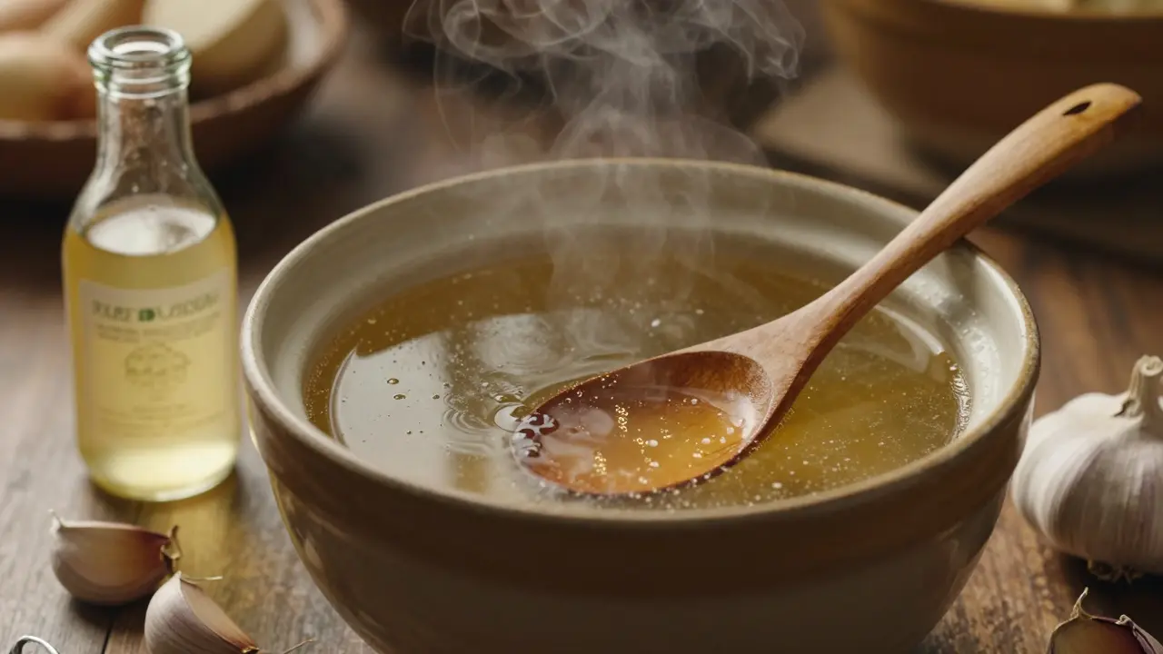 Hrnec s teplým kostním vývarem s přidaným jablečným octem na dřevěném stole.