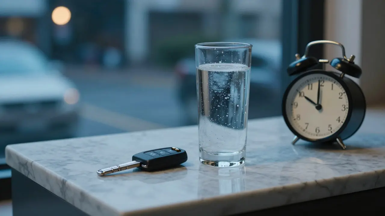 Klíče od auta vedle sklenice vody a hodin, symbolizující zodpovědné čekání.