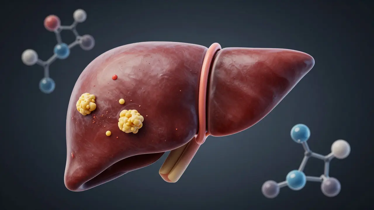 Konceptuální 3D ilustrace regenerace jater od tučného stavu k zdravé tkáni.
