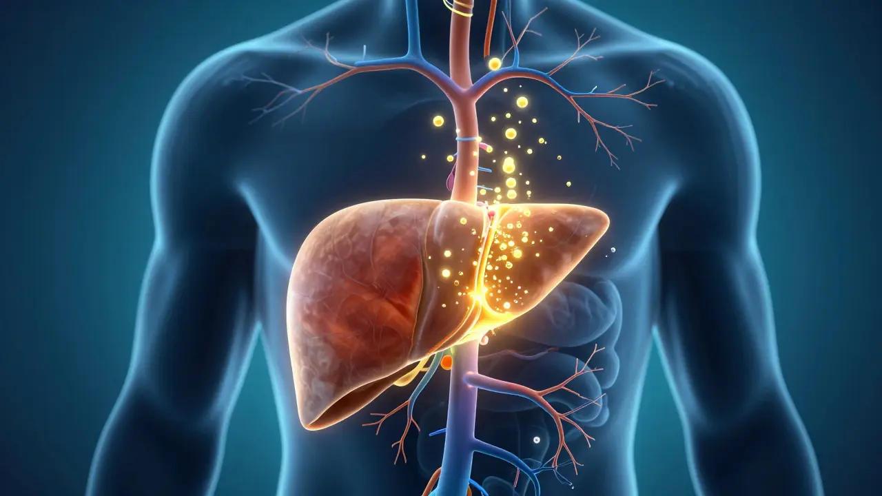 Konceptuální ilustrace metabolismu alkoholu v játrech a krevním oběhu.