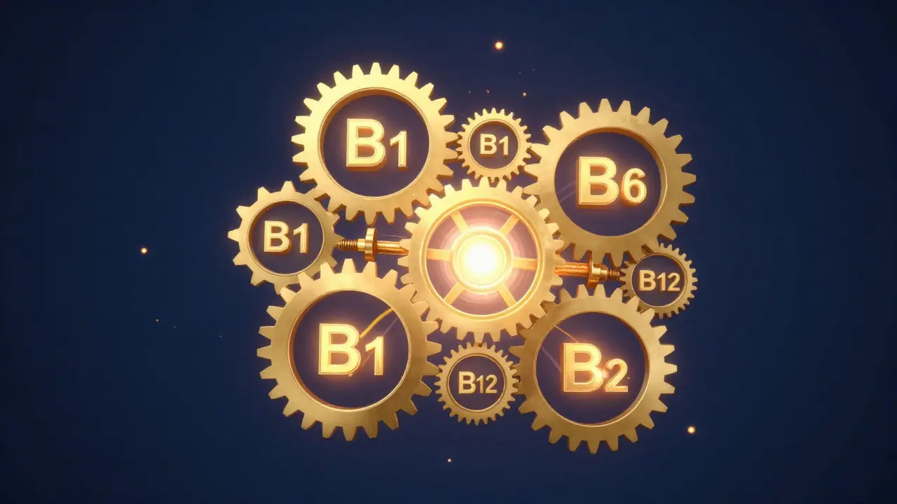Konceptuální znázornění B-komplexu jako soustavy zlatých ozubených koleček v nervovém systému.