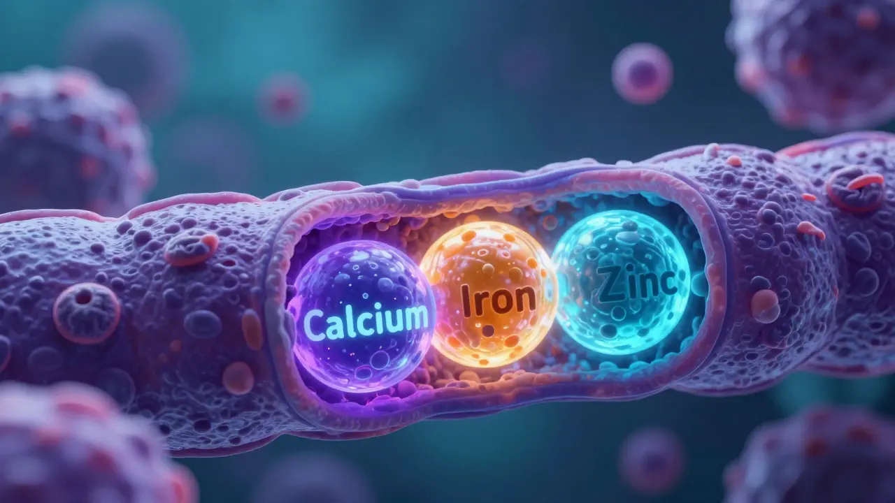 Konceptuální znázornění minerálů soupeřících o vstup do buněk.