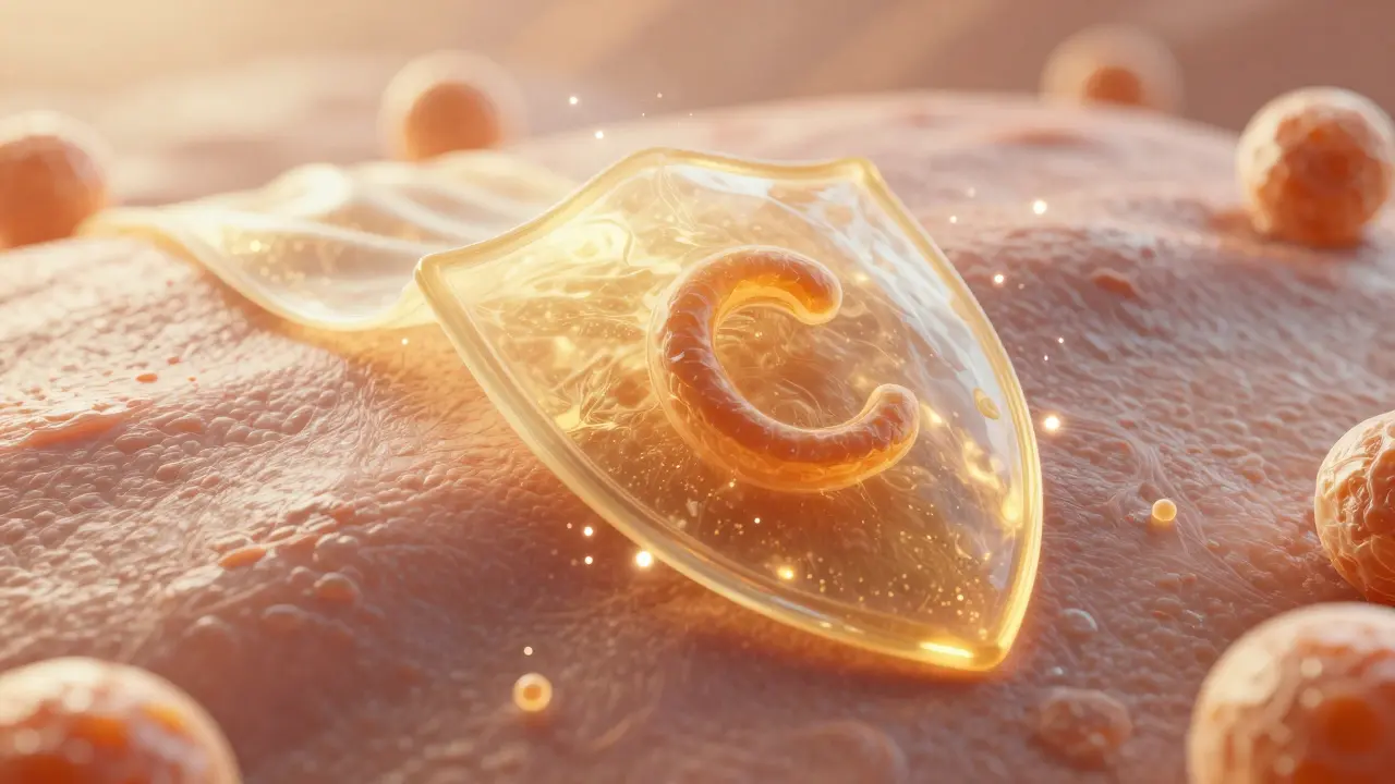 Konceptuální zobrazení ochranného zlatého štítu na povrchu pleti proti volným radikálům.