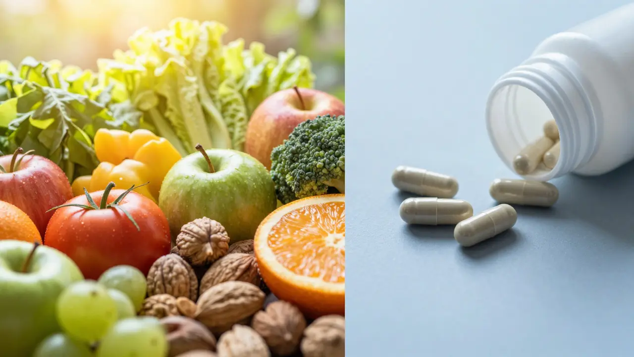 Kontrast mezi čerstvými potravinami plnými vitamínů a syntetickými doplňky.