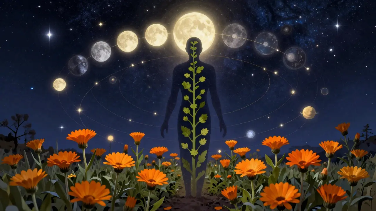 Kresba člověka v kosmické zahradě s měsíčními fázemi a květiny natečnice.