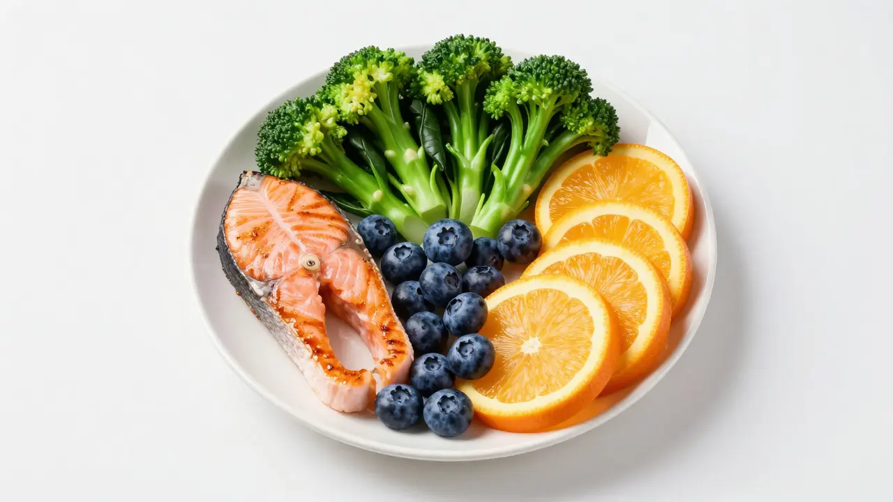 Kulinářské Composition talíře s lososem, špenátem, borůvkami a citrusy.