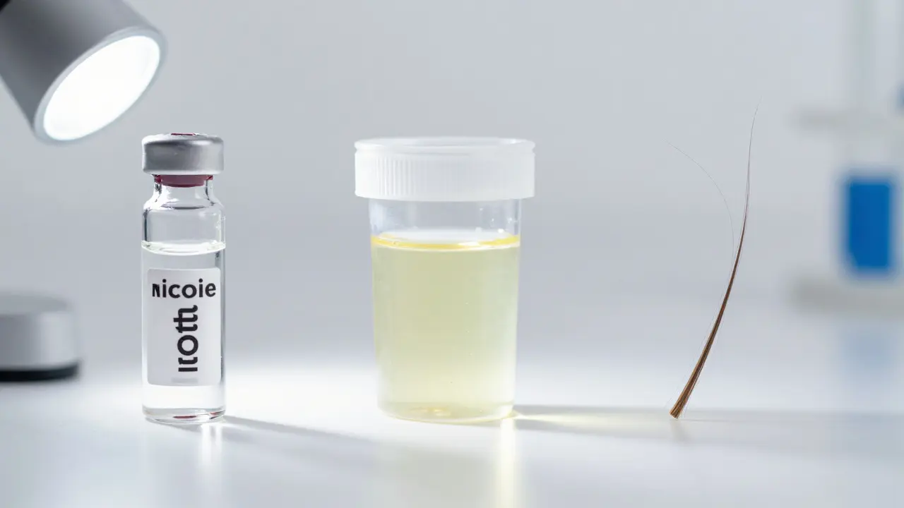 Laboratorní vzorky krve, moči a vlasů znázorňující různé metody detekce nikotinu.