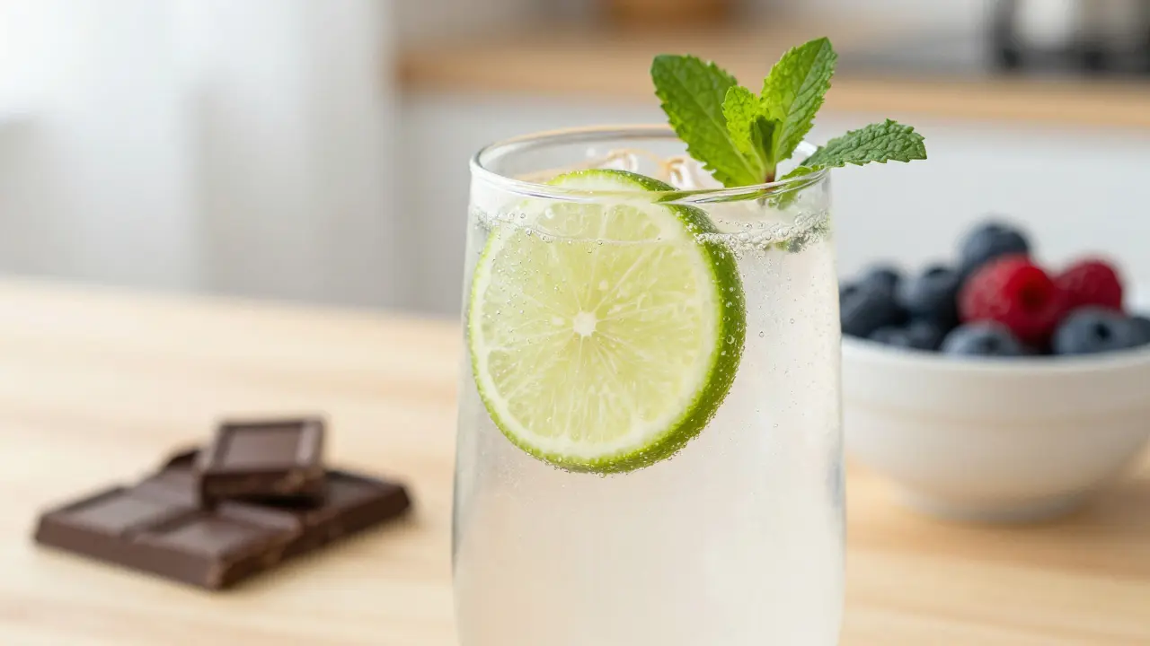 Osvěžující perlivý nápoj s limetkou, tmavá čokoláda a čerstvé ovoce na stole.