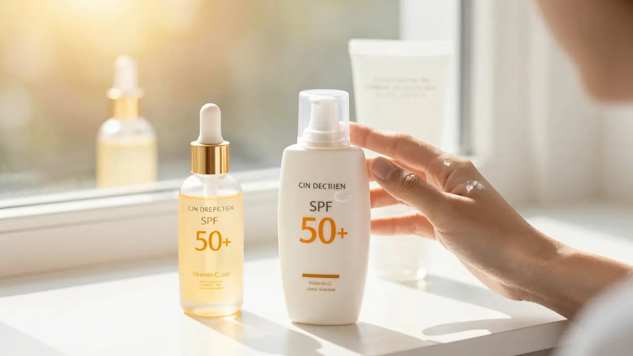 Ranní rutina péče o pleť s opalovacím krémem a vitaminem C v slunečním světle.