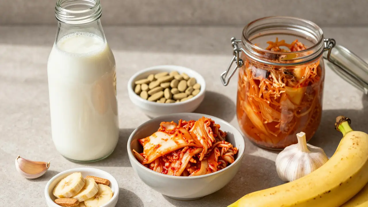 Sada fermentovaných potravin jako kefir a kimchi pro obnovu střev.