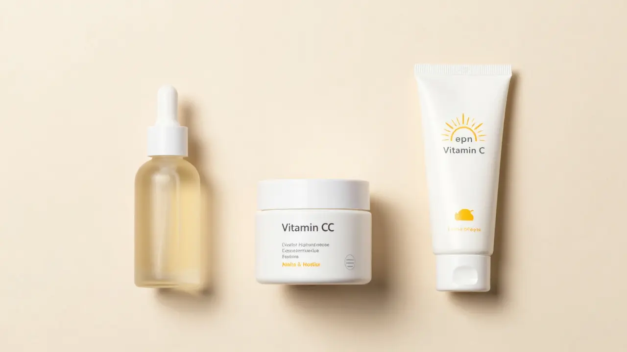 Sada produktů pro ranní rutinu: sérum s vitamínem C, hydratační krém a opalovací krém.