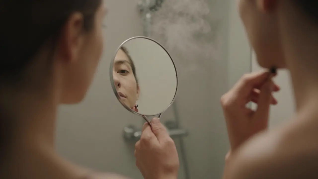 Samovyšetření záda ve zrcadle v koupelně pro kontrolu pleti.