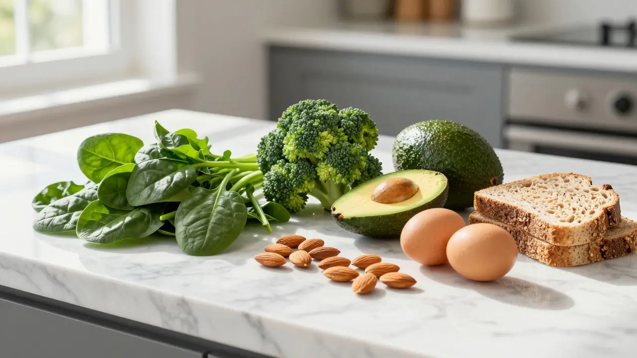 Sestava zdravých potravin bohatých na vitamíny skupiny B na mramorovém stole.