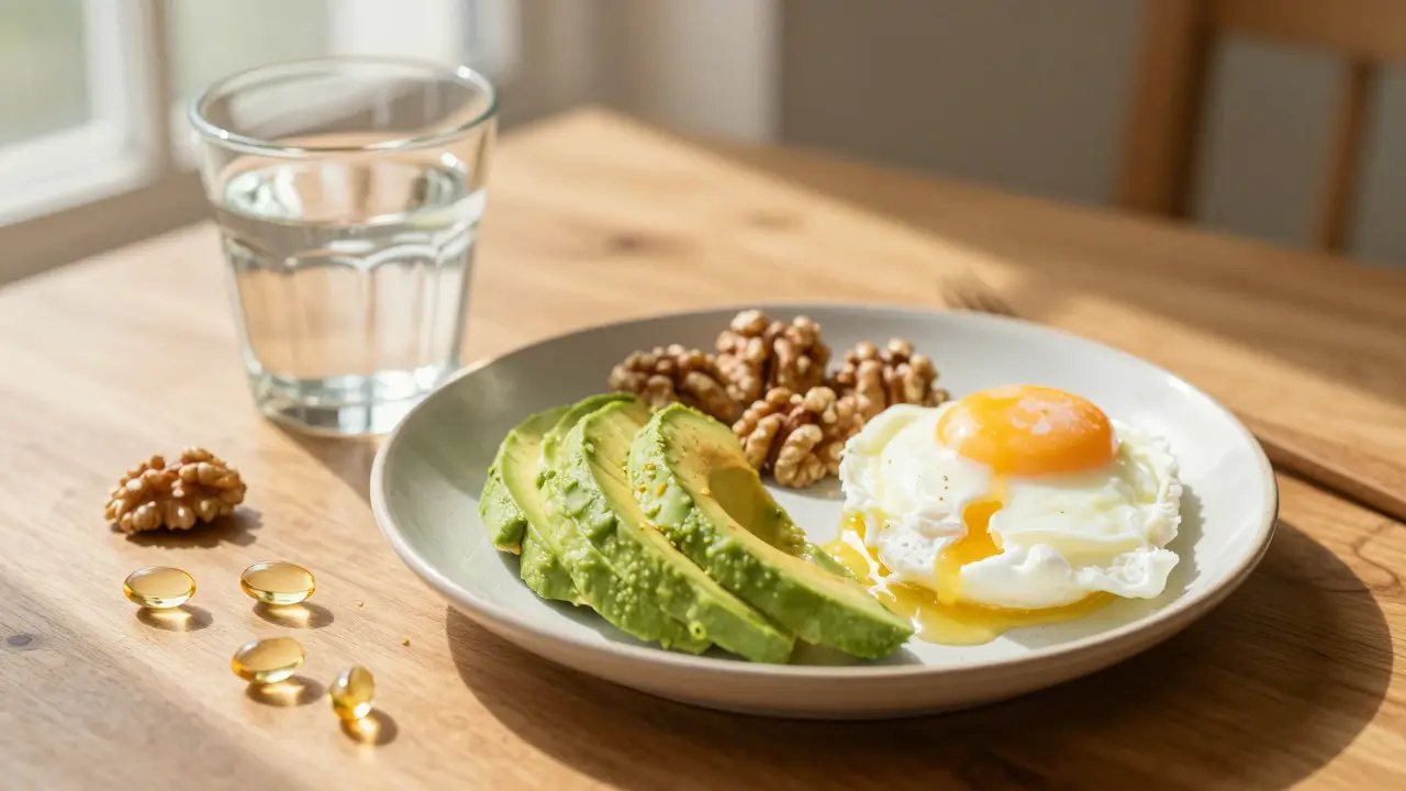 Snídaně s avokádem a vejci vedle doplňků stravy pro lepší vstřebání.