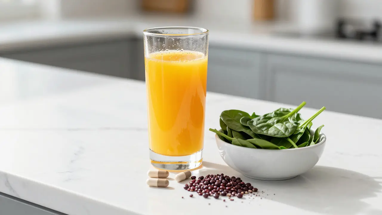 Snídaně s pomerančovou šťávou a špenátem pro lepší vstřebání železa.