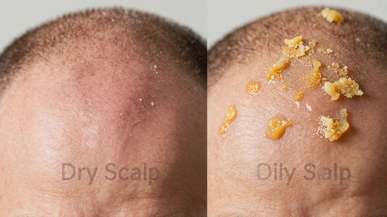Srovnání textury suché pokožky s bílými luskami a mastné pokožky s žlutými luskami.