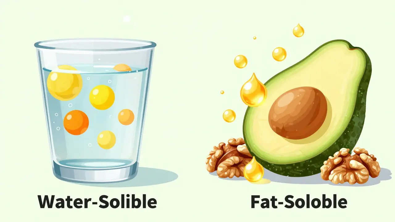 Srovnání vitamínů rozpustných ve vodě a v tucích s avokádem a ořechy.