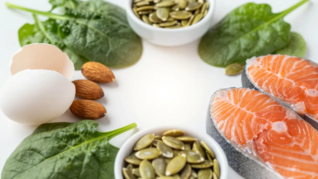 Suroviny bohaté na biotin a zinek, jako jsou vejce, mandle a losos.