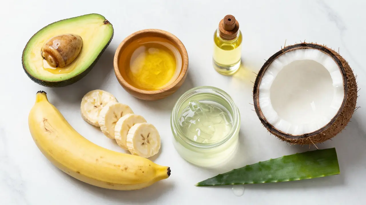 Suroviny na domácí masky: aloe vera, med, avokádo, banán a kokosové mléko