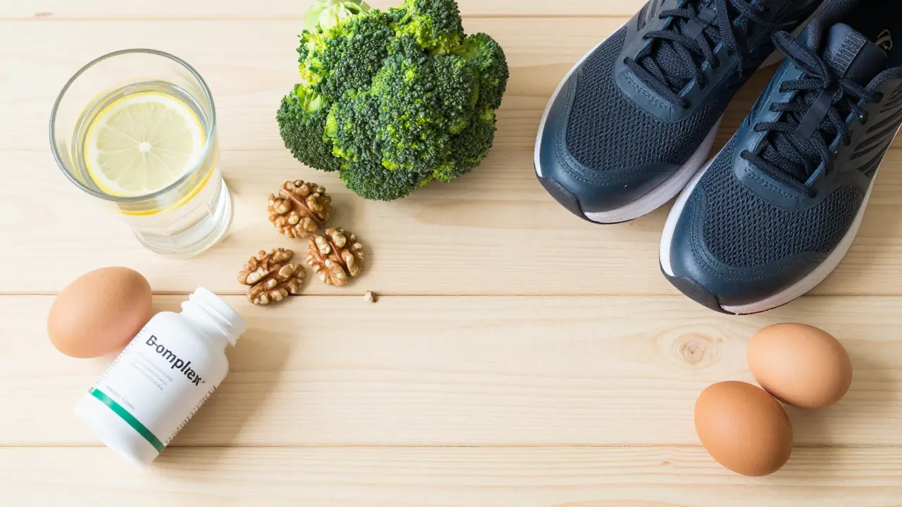 Zdravá strava s ořechy a brokolicí, voda a vitamíny pro regeneraci organismu.