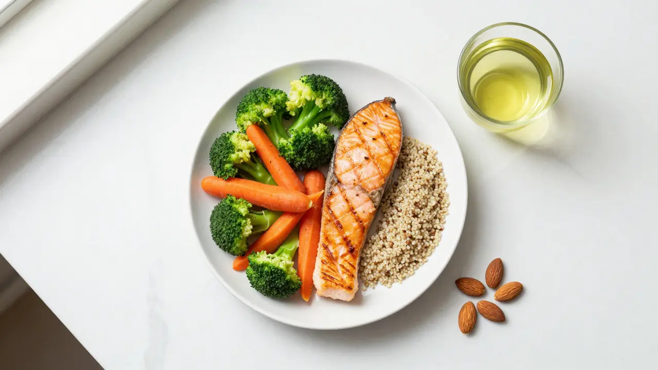 Zdravý talíř s pečenou rybou, quinuou a zeleninou s pohárem zeleného čaje.