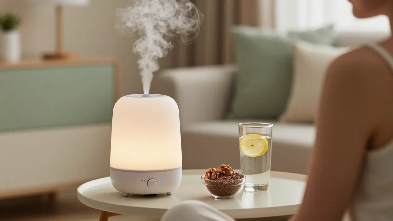 Žena v útulném interiéru se zvlhčovačem vzduchu, sklenicí vody a zdravými tuky.